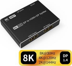 DisplayPort 1.4 Splitter Switch 8K, DP to DP+HDMI Switcher 8K@30Hz DP Splitter 1 in 2 Out 4K@120Hz 2K@144Hz Directional for PC Host Monitor Laptop etc