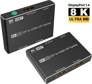 Displayport Switch 8K, Directional DP to DP+HDMI Switch 8K @ 30Hz, 4K @ 120Hz, Displayport Switcher 1 to 2 Out with LED Indicator for PC Host Monitor etc