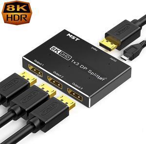 Jansicotek 8K 3Port DisplayPort Splitter 1 in 3 Out 8K@30Hz 4K@144Hz DP 1.4 Splitter Triple MST SST Adapter for DP Ultra HD Source to 3 Displays