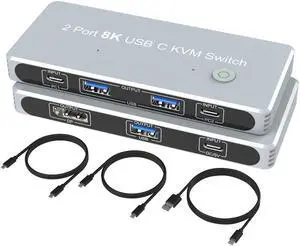 8K KVM Switch, DP USB C Switcher 2 in 1 Out Switches for 2 PC Share Keyboard Mouse Printer and 1 Monitor, Support Full HD 8K@60Hz with One Button Switch, 2 USB C Cable and 1 USB-C Power Cable