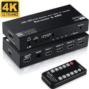 4 in 1 Out 4K HDMI Switch Audio Extractor, 4K@60Hz 8:8:8 ARC Auto Switch EDID HDMI 2.0, 18Gbps, HDCP 2.2, HDR10, Dolby Vision, ARC for PS4 Xbox Apple TV Fire Stick Blu-Ray Player