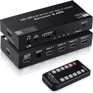 HDMI Switch with Audio Extractor 4K@60Hz Optical 3.5mm Audio Out Adapter 4K HDMI Switcher 4 in 1 Out HDMI Audio Splitter Converter IR Remote Control Support ARC HDCP 1080P 3D EDID Dolby Atmos 7.1CH