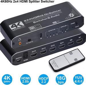 Jansicotek 4K HDMI Switch Splitter with Optical & 3.5mm AUX Audio Out, 2 in 4 Out HDMI 2.0 4K@60Hz HDMI 2.0b Audio Extractor Splitter with Remote, Support HDCP 2.2, HDMI2.0b, 4K@60HZ, RGB4:4:4, 4K HDR