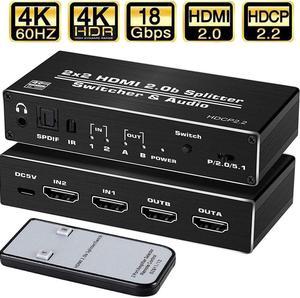 HDMI Switch Splitter with Audio Extractor 4K@60Hz Optical 3.5mm Audio Out 4K HDMI Switcher 2 in 2 Out HDMI Audio Splitter Converter IR Remote Control Support HDCP 2.2, HDMI2.0b, RGB4:2:2, 4K HDR