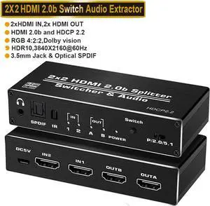 4K@60Hz HDMI Switch Splitter 2x2 with Audio Extractor, HDMI2.0b Switch Box with HDMI Toslink SPDIF /3.5mm Audio Out, HDMI Selector Switch with Remote, Support HDCP 2.2, HDMI2.0b, RGB4:2:2, 4K HDR