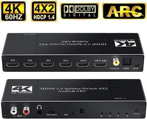 4K 60hz HDMI Switch 4 in 2 Out HDMI Switch HDMI Audio Extractor with IR Remote Support HDMI to ARC,3.5mm Jack,L/R,Coaxial & optical Toslink SPDIF Out Support 3D 4K 60hz for TV Box Apple TV DVD PS4 PS3