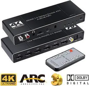 4 in 2 Out 4K HDMI Switch Audio Extractor, 4K@60Hz ARC Auto Switch EDID HDMI 2.0, 6Gbps, HDCP 2.2, HDR, Dolby Vision, ARC for PS4 Xbox Apple TV Fire Stick Blu-Ray Player