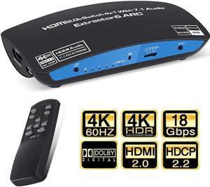 HDMI Switch with 7.1 Audio Extractor 4K@60Hz Optical 3.5mm Audio Out Adapter 4K HDMI Switcher 4 in 1 Out HDMI Audio Splitter Converter IR Remote Control Support ARC HDCP2.2 1080P 3D Dolby Atmos 7.1CH
