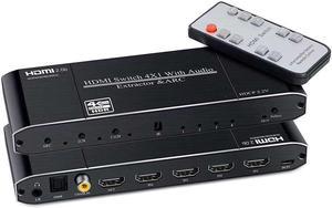 4K@60Hz HDMI Switch 4x1 with Audio Extractor, 4 Port HDMI Switcher with Optical SPDIF + 3.5mm Audio + Coaxial, 4 in 1 Out HDMI Audio Selector Switch Box with Remote Support HDR10 ARC 18Gbps HDCP2.2