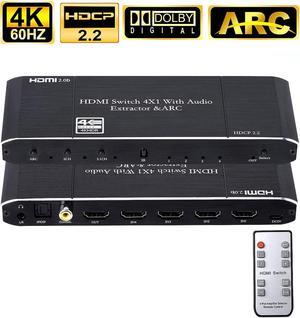 4K@60hz HDMI Switch 4 in 1 Out 4 Ports HDMI Switch HDMI Audio Extractor with IR Remote Support HDMI to Toslink SPDIF Coaxial 3.5mm Audio Out HDMI 2.0b HDCP 2.2 3D for fire Stick PS3 PS4