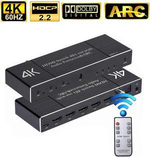 4K@60Hz HDMI Switch Audio Extractor with Optical + 3.5mm AUX +  Coaxial Output, 4 in 1 Out HDMI Switcher Converter Support ARC, HDCP 2.2, HDR10, Dolby Visio, RGB 8:8:8(Dobly Atmos),EDID, OZQ7