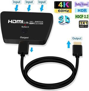 HDMI Switch 4K60Hz 3 in 1 Out HDMI Switch 3 Port HDMI Switcher Box with HDMI Cable Supports 4K 1080P 3D HDMI 20 HDR Compatible with Fire Stick 4K HDTV PS45 Game Consoles PC