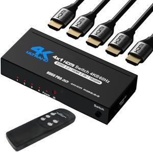 HDMI Switch 4 Ports (4 x 1) 4K 60Hz, HDMI Splitter 4 in 1 Out HDMI Switcher Selector with IR Remote Control, HDMI 4 Port Box Hub Support 3D HDCP2.2 for PS4/Xbox One/Fire TV/Apple TV