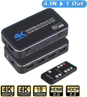 4K 4 Ports HDR HDMI Switch Audio Extractor with Optical 3.5mm Stereo Audio Out , 4K 60Hz HDMI 2.0 Switcher Selector with IR Remote, Supports Ultra HD Dolby Vision, 18.5Gbps, HDR10, HDCP 2.2 & 3D