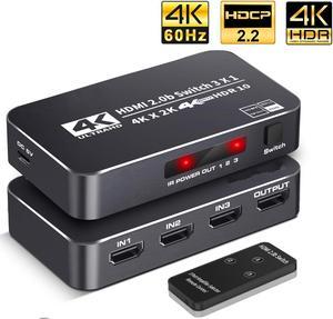 Jansicotek 4K 60Hz 3x1 HDMI Switch, 3 Port Auto HDMI Switch Box with IR Remote,Support 4Kx2K@60Hz 3D 1080P,5 in 1 Out HDMI Switch Switcher Selector for Xbox360/PS4/PS3/Roku/to TV Projector - OZQ2-2