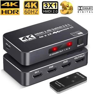 Jansicotek 4K 60Hz HDMI Switch, 4K@60Hz HDMI Switcher  (3 input 1 Output) with Remote Control, Auto Switch, HDMI 2.0, HDCP 2.2, HDR, Full HD, 3D for PS5/PS4/Xbox/Roku/Apple TV  - OZQ2-2