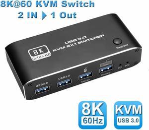 HDMI2.1 KVM Switch, HDMI and USB Switcher 2 in 1 Out Switches for 2 Computers Share Keyboard Mouse Printer and 1 Monitor, Support Full HD 8K@60Hz with One Button Switch