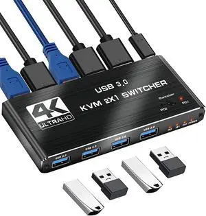 Jansicotek HDMI 2.0 Switch 4K 2 in 1 Out HDMI Switcher 4USB3.0 Port Support 4K 60Hz 2K 120Hz HDCP 2.2 Ultra HD 3D For 2PC Share 1 Monitor and 4 USB3.0 Port