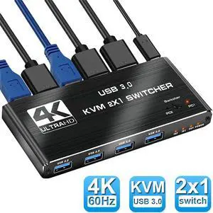 Jansicotek 4K KVM Switch HDMI 2 Port, 2 in 1 Out, UHD 4K@60Hz, 4 USB 3.0 Hub, One Key Button Switch, Compatible with Most Keyboards and Mouse, 2 Computers Share 1 Monitor