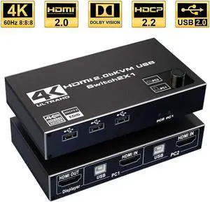 Jansicotek 4K@60Hz KVM Switch HDMI + USB 4K@60Hz 2 in 1 Out KVM Switch 1 Monitors 2 Computers,with 3USB2.0 Ports Output, PC Monitor Keyboard Mouse Switcher