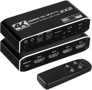 4K@60Hz 2x2 HDMI Matrix Switch, HDMI 2.0b Matrix Switch 2 in 2 Out, 4K HDMI Switcher Splitter + Optical and L/R Audio Output, Scaler EDID with Remote, HDCP2.2, HDR 10