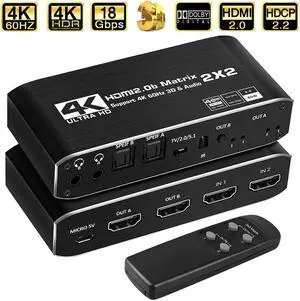 2x2 HDMI Matrix Switch,2 in 2 Out Matrix HDMI Video Switcher Splitter +2xSPDIF& 2x3.5mm L/R Audio Output,Support Ultra HD 4K 60Hz,3D 1080P,with IR Remote Control
