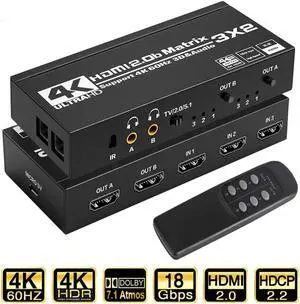 3x2 HDMI Matrix Switch,3 in 2 Out Matrix HDMI Video Switcher Splitter +2xSPDIF& 2x3.5mm L/R Audio Output,Support Ultra HD 4K 60Hz,3D 1080P,with IR Remote Control