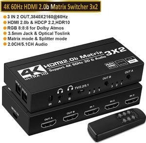 4K@60Hz 3x2 HDMI Matrix Switch, HDMI 2.0b Matrix Switch 3 in 2 Out, 4K HDMI Switcher Splitter + Optical and L/R Audio Output, Scaler EDID with Remote, HDCP2.2, HDR 10