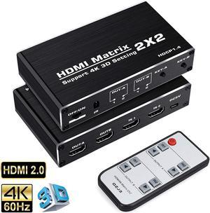 HDMI Matrix Switch 2x2, 4K@60Hz HDMI Matrix Switcher Splitter 2 in 2 Out Box with HDCP1.4, HDR and IR Remote Control Support HDR, HDMI 2.0b, HDCP 1.4 , 3D,1080P,YUV 4:2:0,(OZJ3)