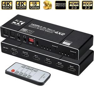 Jansicotek 4K@60Hz 4x2 HDMI Matrix Switch, HDMI 2.0b Matrix Switch 4 in 2 Out, 4K HDMI Switcher Splitter + Optical and L/R Audio Output, Scaler EDID with Remote, HDCP2.2, HDR 10