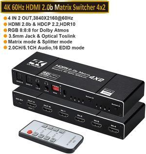 HDMI Matrix Switch 4x2, 4K@60Hz HDMI Matrix Switcher Splitter 4 in 2 Out Box with 2xSPDIF Audio, 2x3.5mm L/R Audio and IR Remote Control Support 4K HDR, EDID, HDMI 2.0b, HDCP 2.2, 3D,1080P