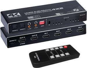 Jansicotek 4K@60Hz HDMI Matrix Switch Splitter 4X2 with Remote, 4 in 2 Out HDMI Splitter Switcher 4K with 2xSPDIF & 2x3.5mm Audio, Support 4K,3D, 1080p,HDCP2.2, HDR 10 for PS4,Xbox,Fire Stick (OZJ1)