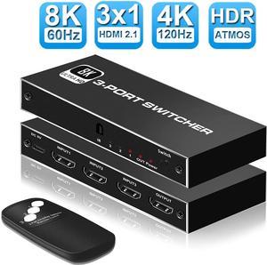 HDMI Switch 4k 120Hz, 8k HDMI Auto Switch with IR Remote Control, HDMI Switch 3 in 1 Out, HDMI 2.1 Switch Supports 8k 60Hz, HDR 10, Dolby Atmos, Compatible for QLED Tv, Ps5, Xbox X, Fire Stick, Roku