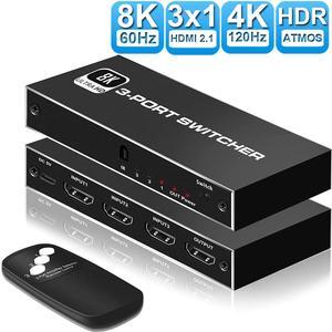 8K@60Hz HDMI Switch, HDMI Switcher Selector Box 3 in 1 Out, 3-Port HDMI Hub Supports 48Gbps 8K@60Hz, 4K@120Hz, HDR 10,HDCP 2.3 Compatible with PS4/5 Roku Xbox TV Monitor Projector