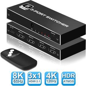 HDMI 2.1 Switch 8K 60Hz, HDMI Switcher 3 in 1 Out with IR Remote, Supports 48Gbps, HDR10+, HDCP2.3, Dolby Vision, 4k@120Hz HDMI Switcher Selector for Xbox PS4 PS5 Roku TV Projector