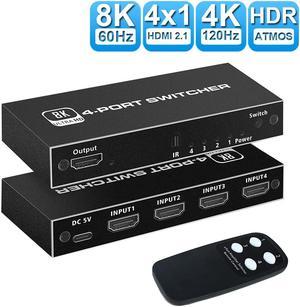 8K@60Hz HDMI Switch, HDMI Switcher Selector Box 4 in 1 Out, 3-Port HDMI Hub Supports 48Gbps 8K@60Hz, 4K@120Hz, HDR 10,HDCP 2.3 Compatible with PS4/5 Roku Xbox TV Monitor Projector