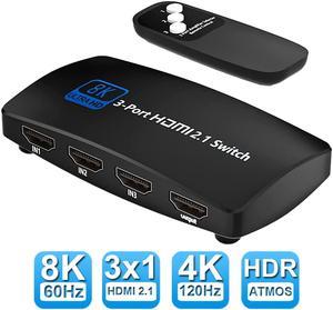 HDMI 2.1 Switch 8K 60Hz, HDMI Switcher 3 in 1 Out with IR Remote, 3 Port 4K 120Hz Auto HDMI Selector Hub Support 8K 48Gbps, HDR10, HDCP2.3, Dolby Vision for Xbox PS4 Pro PS5 Roku TV Monitor Projector