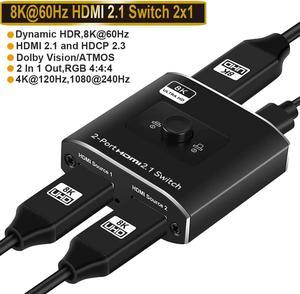 Jansicotek HDMI 2.1 Switch 8K@60Hz HDMI Splitter 2 in 1 Out Supports 4K@120Hz 1080P@240Hz 3D HDR Dolby High Speed 48Gbps HDMI Switch Compatible with PS5 PS4 Fire Stick Xbox Apple TV Blu-Ray Player