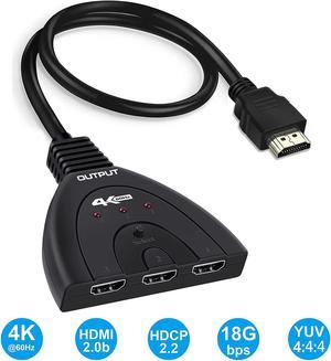 HDMI Switch 4K@60Hz 3x1 Switcher Port Splitter with Pigtail Cable Supports Full HD 4K 1080p 3D Player