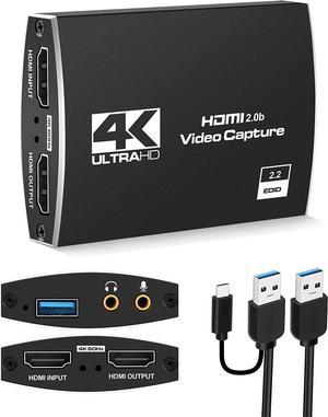 Video Capture Card, 4K@60Hz HDMI to USB3.0/Type-C Capture Card,Game Capture Card for Live Streaming/Video Recording/Screen Sharing/Game Playing, Recording Work with PC/PS4/XBOX/Switch/DSLR/OBS