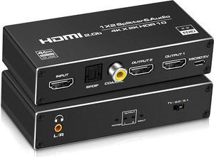 HDMI Switch HDMI Splitter 4K@60HZ, HDMI Splitter 1 in 2 Out with Audio Extractor(3.5mm, Coaxial & SPDIF audio out), Supports HDCP2.2 4K 3D 1080P for PS4 PS5 Blu-Ray-Player Fire Stick Xbox PC