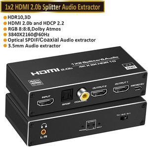 HDMI Splitter 1x2 with Audio Extractor(3.5mm, Coaxial & SPDIF audio out), 1 in 2 Out Audio Video Distributor Box, HDMI 2.0b, HDCP 2.2, HDR, Support 4K@60Hz Ultra HD 3D for PS4, Xbox, Blu-ray Players