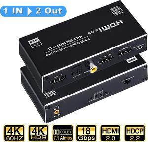 HDMI Splitter 1 in 2 Out with 3.5mm, Coaxial & Optical SPDIF audio out - 4K Ver HDMI2.0 HDCP2.2, Powered HDMI Splitter Supports 3D 4K@60HZ Full HD1080P for Xbox PS4 PS3 Fire Stick Roku Blu-Ray Player