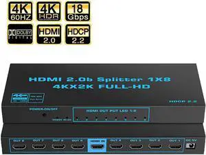 Jansicotek 1x8 8 Ports HDMI Powered Splitter V1.4 for Full HD 4K x 2K@60hz, 1080P, 3D Support 3D HDCP2.2, RGB 4:4:4, 18.5Gbps (One Input to Eight Outputs)