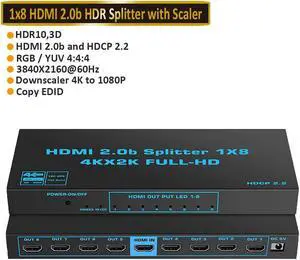 4K HDMI Splitter 1 in 8 Out, Jansicotek 8 Way HDMI Splitter 1x8 4Kx2K@60Hz W/AC Adapter, Mirror Duplicate Support 3D HDCP2.2, RGB 4:4:4, 18.5Gbps for PS4 Fire Stick HDTV