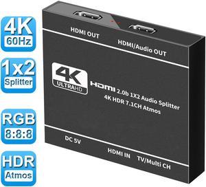 HDMI Splitter 1 in 2 Out with HDMI Audio Output- 4K Ver HDMI2.0 HDCP2.2, Powered HDMI Splitter Supports 3D 4K@60HZ Full HD1080P for Xbox PS4 PS3 Fire Stick Roku Blu-Ray Player TV