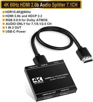 HDMI Splitter 1x2 with Audio Extractor(HDMI Audio Output), 1 in 2 Out Audio Video Distributor Box, HDMI 2.0b, HDCP 2.2, HDR, Support 4K@60Hz Ultra HD 3D for PS4, Xbox, STB, Blu-ray DVD Players