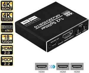 4K HDMI Splitter 1 in 2 Out,  1x2 HDMI Splitter Duplicate/ Mirror Screen with EDID, 2 Port HDMI Splitter Powered Support 4Kx2K@30Hz 3D for PS5, Roku, TV Box - 1 Source to 2 Displays