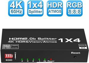 HDMI Splitter 1 in 4 Out,Jansicotek HDMI Splitter 1 to 4 Amplifier for Full HD HDMI2.0 1080P/ 3D/ 4K/HDR10/EDID for Xbox PS4 PS3 Fire Stick Roku Blu-Ray Player Apple TV HDTV (1 Source onto 4 Displays)