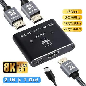 8K 48Gbps UHD HDMI Switch 2 in 1 Out/1 in 2 Out Bi-Directional High Speed 48Gbps HDMI Switcher Support 8K@60Hz 4K@120Hz for HDTV/Monitors/Laptops/PS5/Xbox and etc.
